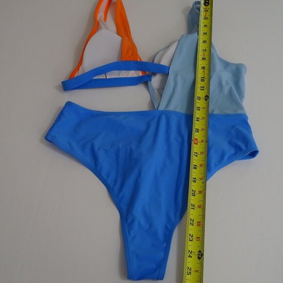 Shein Colorblock One-Piece Swimsuit Women Size L 8 10 Blue Orange Bleach Swim - Picture 9 of 9